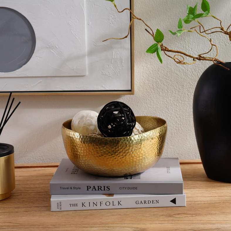 Pan Home وعاء زينة معدني مطروق - ذهبي