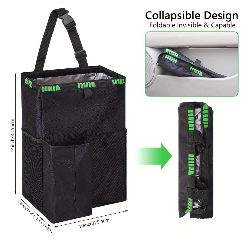 Black Foldable Car Trash Can 3.5 Gallons Leakproof with Storage Pockets - Image 5