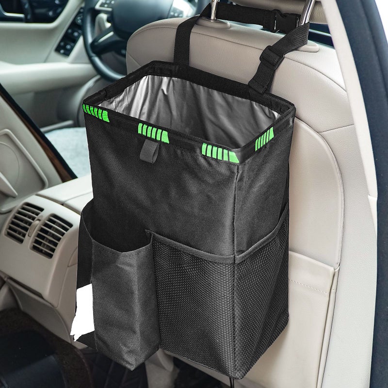Black Foldable Car Trash Can 3.5 Gallons Leakproof with Storage Pockets - Image 1