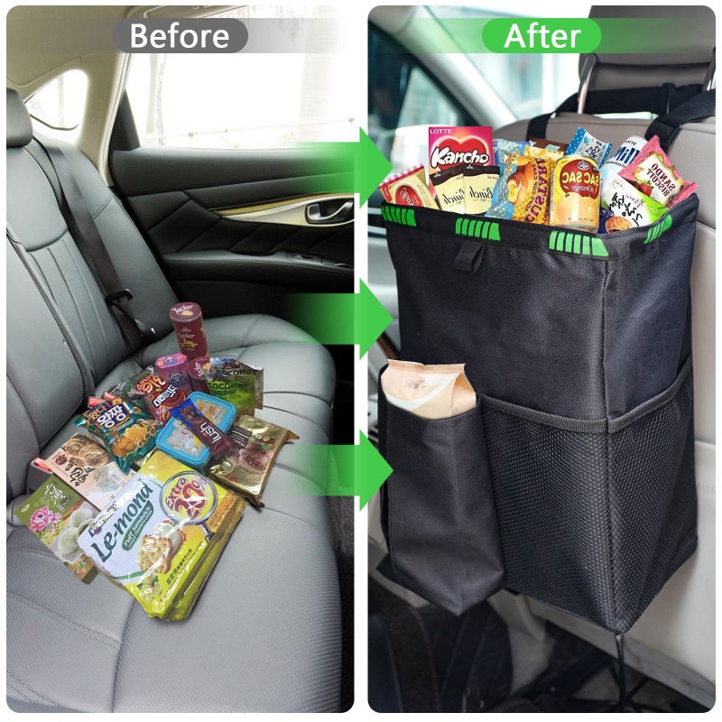 Black Foldable Car Trash Can 3.5 Gallons Leakproof with Storage Pockets - Image 2