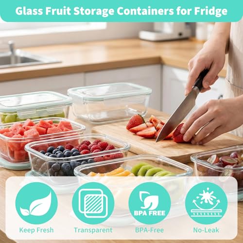 Piszvbej 2 Pack Fruit Storage Containers for Fridge, Glass Fruit Containers for Fridge with Airtight Lid, Airflow Vent Design to Keep Produce Fresh Longer, Ideal for Fruits and Vegetables Storage - Image 2
