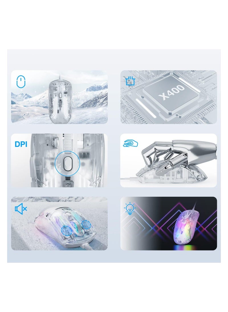 Y&D - Clear Wired USB Gaming Mouse, Transparent Shell Computer Mice with 12800 Max DPI, 3D RGB Backlit, High Precision (White) - Image 1