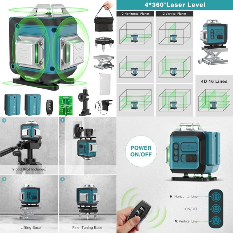 Laser Level Green 4x360°, Laser Spirit Level Horizontal and Vertical Cross Line for Indoor Outdoor, 2 x Battery, Self Leveling, Rotary Stand, Remote Controller, Magnetic Base - Image 1
