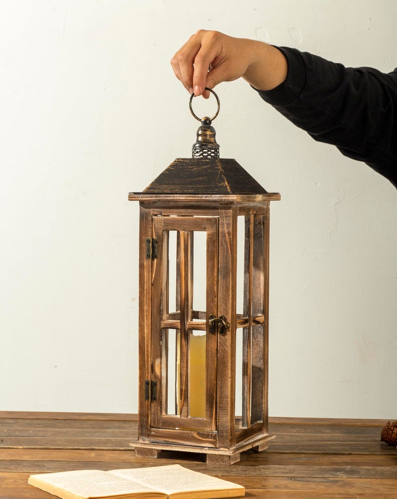 TIMRIS Large Farmhouse Wooden Decorative Lantern Set of 2, Rustic Distressed Brown Burnt Wood Floor Candle Lanterns, Indoor/Outdoor Hanging Lanterns for Home Decor (No Glass) - Image 2