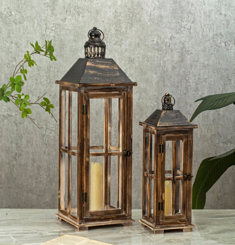 TIMRIS Large Farmhouse Wooden Decorative Lantern Set of 2, Rustic Distressed Brown Burnt Wood Floor Candle Lanterns, Indoor/Outdoor Hanging Lanterns for Home Decor (No Glass) - Image 5