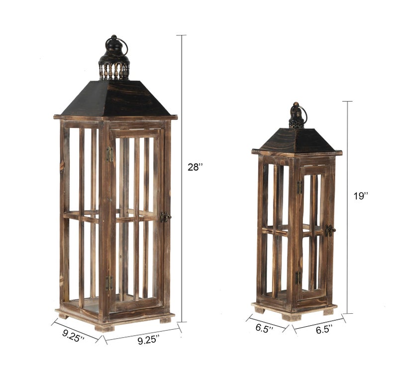 TIMRIS Large Farmhouse Wooden Decorative Lantern Set of 2, Rustic Distressed Brown Burnt Wood Floor Candle Lanterns, Indoor/Outdoor Hanging Lanterns for Home Decor (No Glass) - Image 4