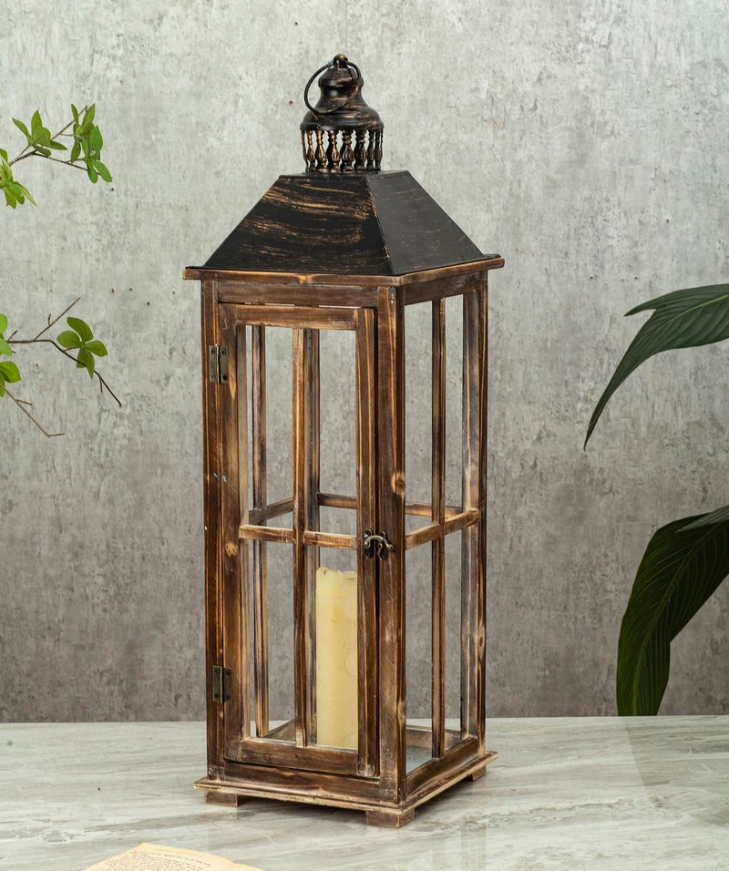 TIMRIS Large Farmhouse Wooden Decorative Lantern Set of 2, Rustic Distressed Brown Burnt Wood Floor Candle Lanterns, Indoor/Outdoor Hanging Lanterns for Home Decor (No Glass) - Image 3