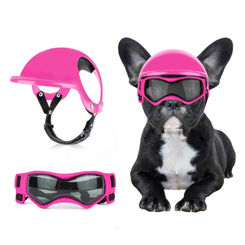 BillionChains Dog Helmet with Dog Goggles for Small Dogs - Pet Motorcycle Helmet Hat with Ear Holes Adjustable Straps Safety Helmet for Puppy Riding - Pink - Image 1