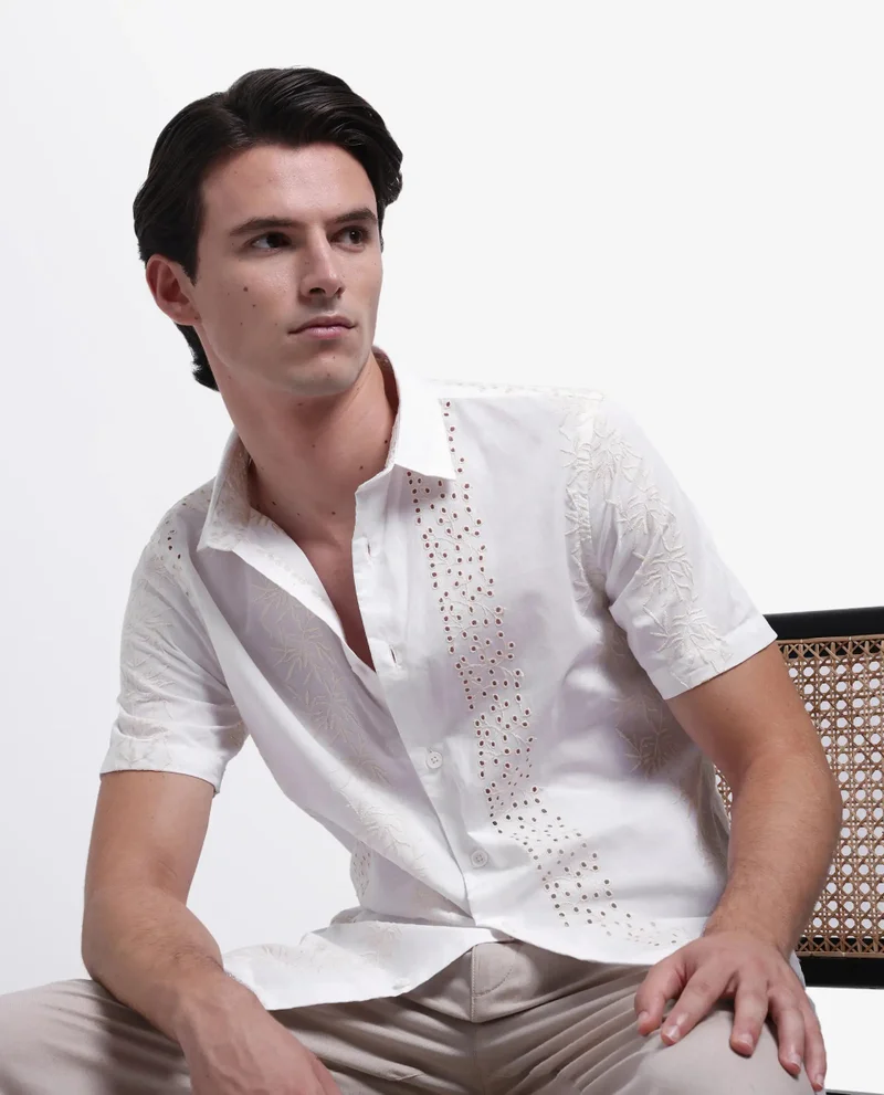 Rare Rabbit Rare Rabbit Men's Shel White Cotton Fabric Short Sleeve Collared Neck Button Closure Embroidered Shirt