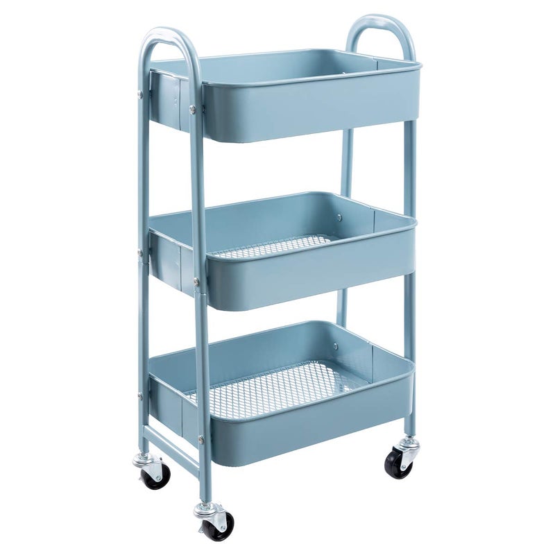 AGTEK Makeup Cart Movable Rolling Organizer Cart GreyBlue 3 Tier Metal Utility Cart