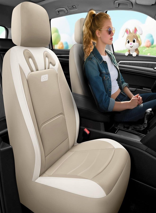 PIC AUTO Car Seat Covers, Cute Rabbit Premium Beige Leather Seat Covers, Universal Fit Front Seat Covers for Cars, Trucks, SUVs, Soft & Wear-Resistant Auto Interior Protection with Airbag-Compatible - Image 2