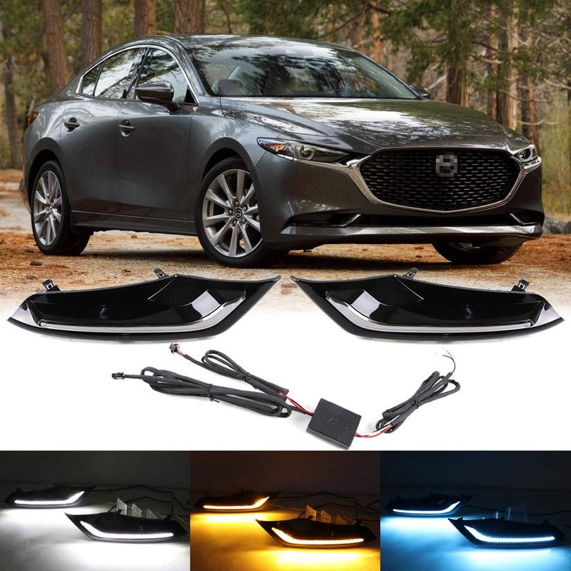 Dreamseek LED DRL for Mazda 3 Sedan 2019 2020 2021 2022 2023 2024 2025 Daytime Running Lights Front Driving Fog Lamp Bezel with Dynamic Sequential Turn Signal