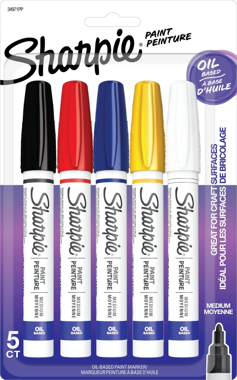 Sharpie Oil-Based Paint Markers Medium Point Assorted Colors 5 Count - Great for Rock Painting - Image 1