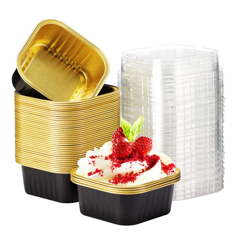 EUSOAR EUSOAR Cupcake Liners with lids 5oz 50pcs Square Disposable Desserts Flan Baking Cups with Lids Aluminum Foil Cupcake Flan Muffin Liners Custard Cake Cups Catering Gathering FavorBlack Gold 