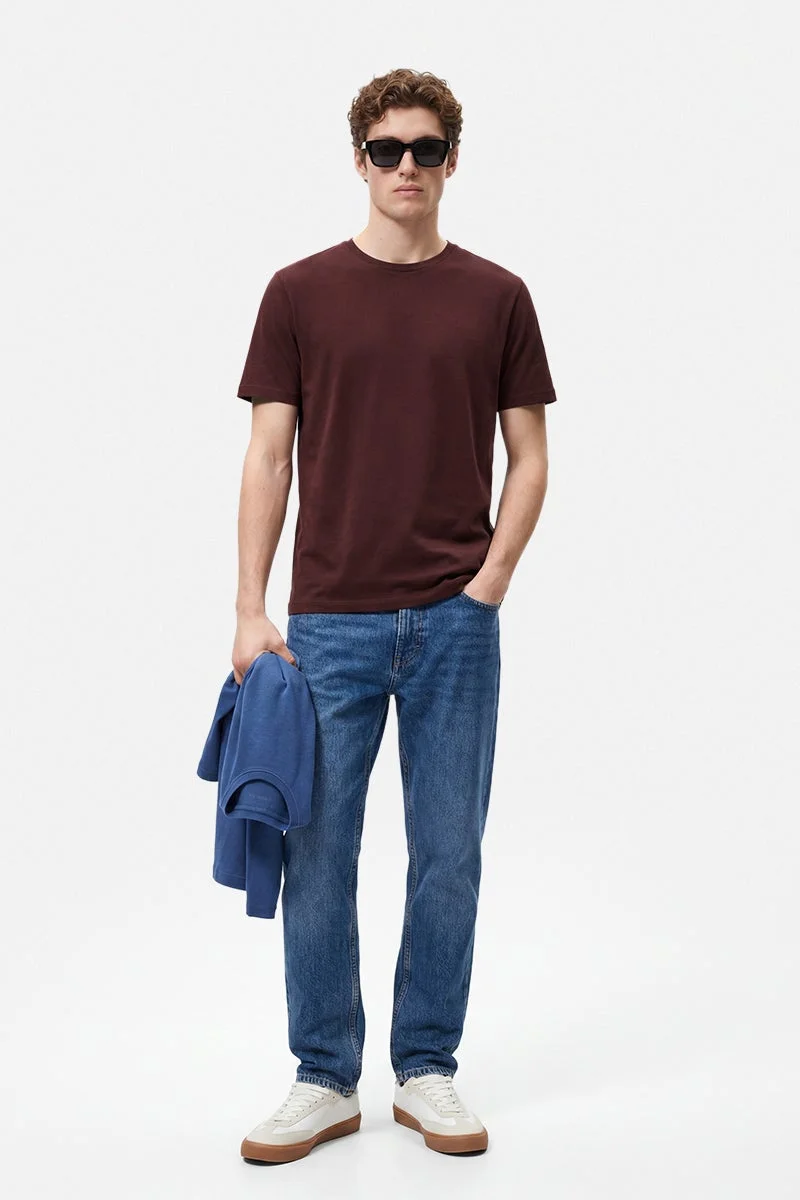 سنيتش Dark Brown Solid Half Sleeve Regular Fit Casual T-Shirt