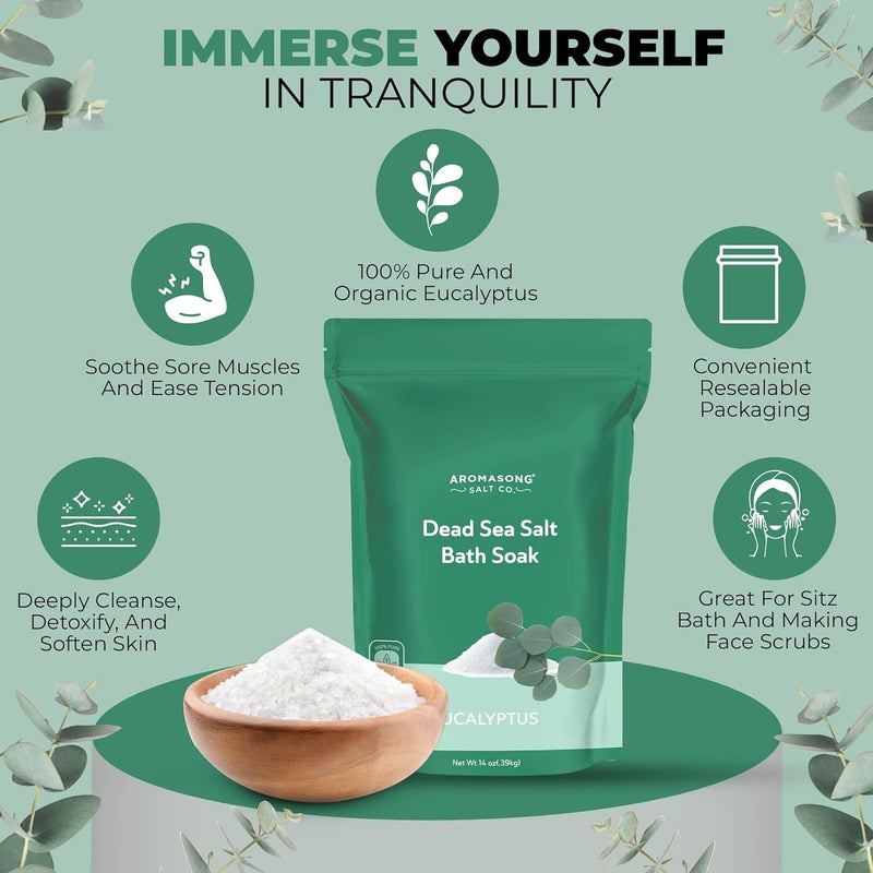 Aromasong Dead Sea Salt Fine Grain Spa Bath Salt Eucalyptus Scent 14 Oz 100 Pure Natural Soak for Women Men for Skin Issues and to Relax Tired Muscles - Image 4