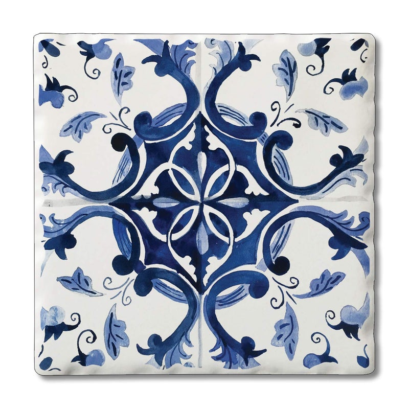 Thirstystone Blue  White Tile 4Pack Tumbled Tile Stone Coasters with Protective Cork Backing Manufactured in The USA