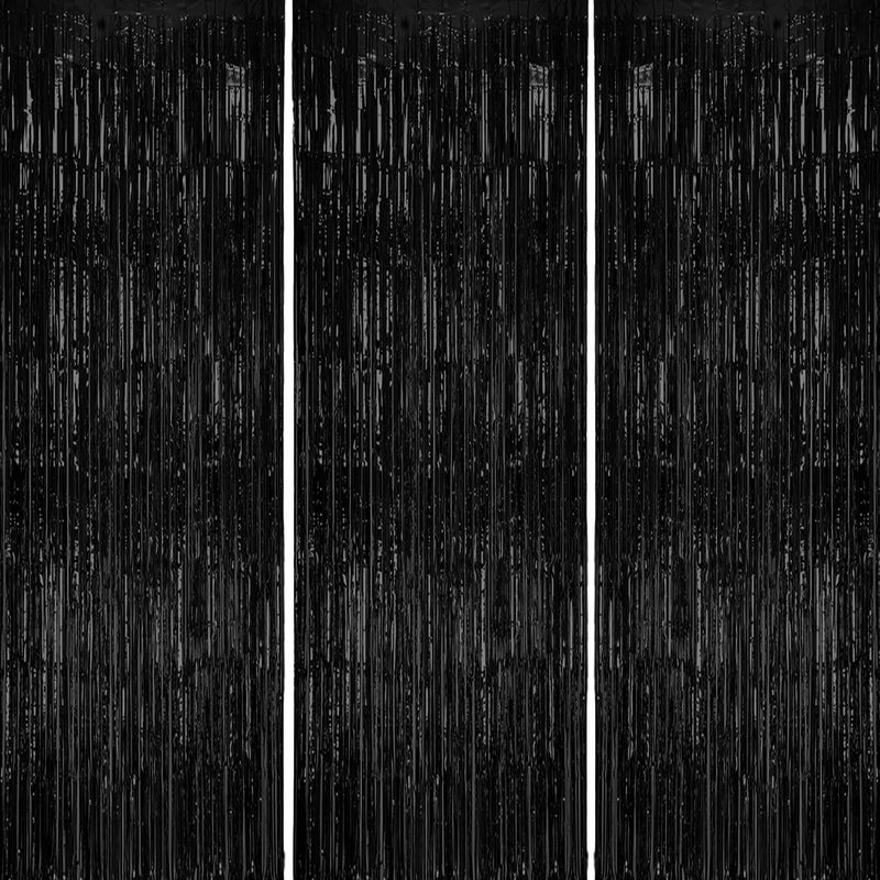 DECOCKRAT 3 Pack Foil Fringe Backdrop - Black Shiny Tinsel Curtains for Party Decoration/Photo Booth Props - 3.3x8.2 FT Metallic Foil Backdrop for Birthday, Wedding, Graduation, Christmas. - Image 1