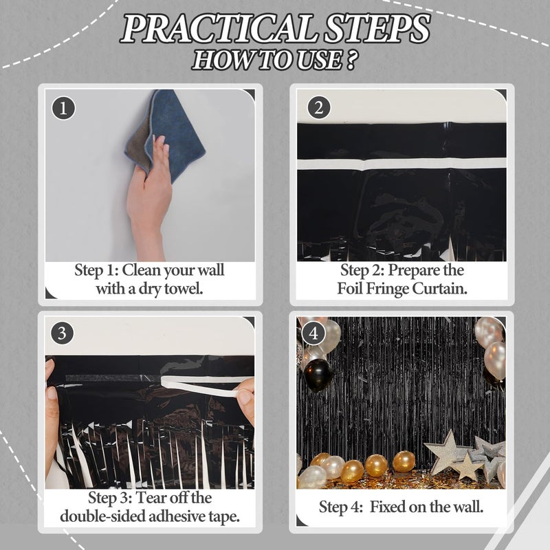 DECOCKRAT 3 Pack Foil Fringe Backdrop - Black Shiny Tinsel Curtains for Party Decoration/Photo Booth Props - 3.3x8.2 FT Metallic Foil Backdrop for Birthday, Wedding, Graduation, Christmas. - Image 2