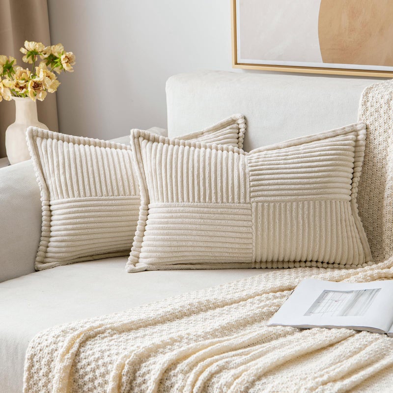 MIULEE Corduroy Cushion Covers Pack of 2 Decorative Modern Patchwork Throw Pillow Covers Pillowcase Cushions for Home Spring decor Sofa Couch with Invisible Zipper 18x24 Inch Creme