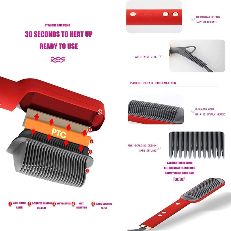 Hair Straightener Brush for Woman Hair Styling ions Straightening Curling Comb Hair Curler 5 Temperature Levels Adjustable - Image 4