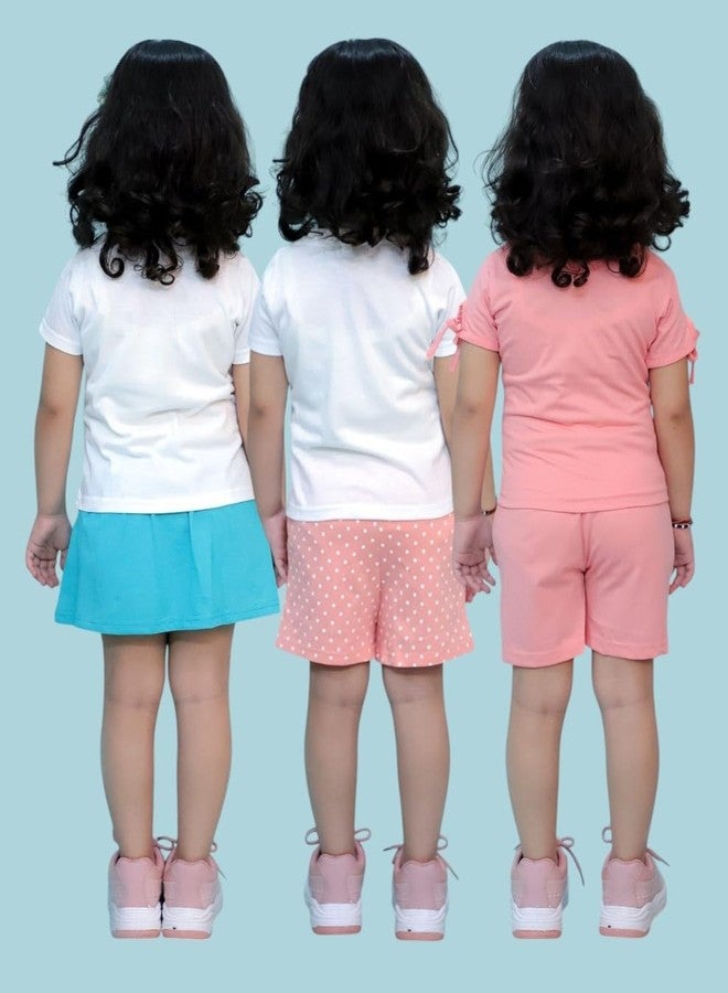 Chandrika Kids Cotton Coordinated Set Pack of 3 half Sleeve And sleeveless T-Shirts & Shorts and skirt Baby Girls Summer Dress Combo (4-5 Years-Multicolor) - Image 3