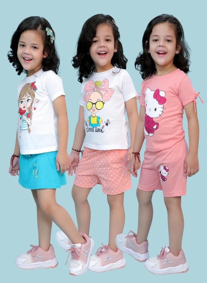 Chandrika Kids Cotton Coordinated Set Pack of 3 half Sleeve And sleeveless T-Shirts & Shorts and skirt Baby Girls Summer Dress Combo (4-5 Years-Multicolor) - Image 4