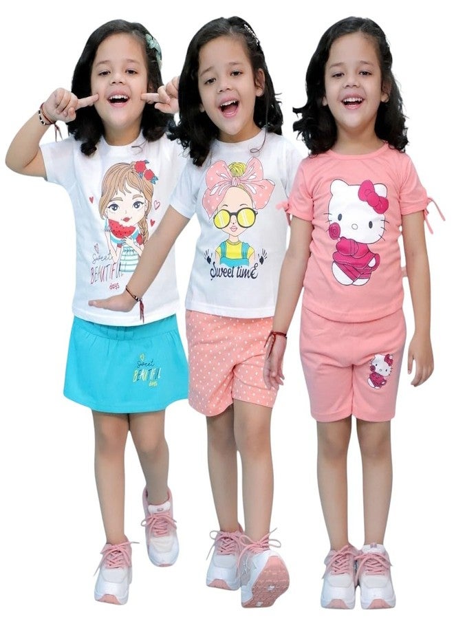 Chandrika Kids Cotton Coordinated Set Pack of 3 half Sleeve And sleeveless T-Shirts & Shorts and skirt Baby Girls Summer Dress Combo (4-5 Years-Multicolor) - Image 1