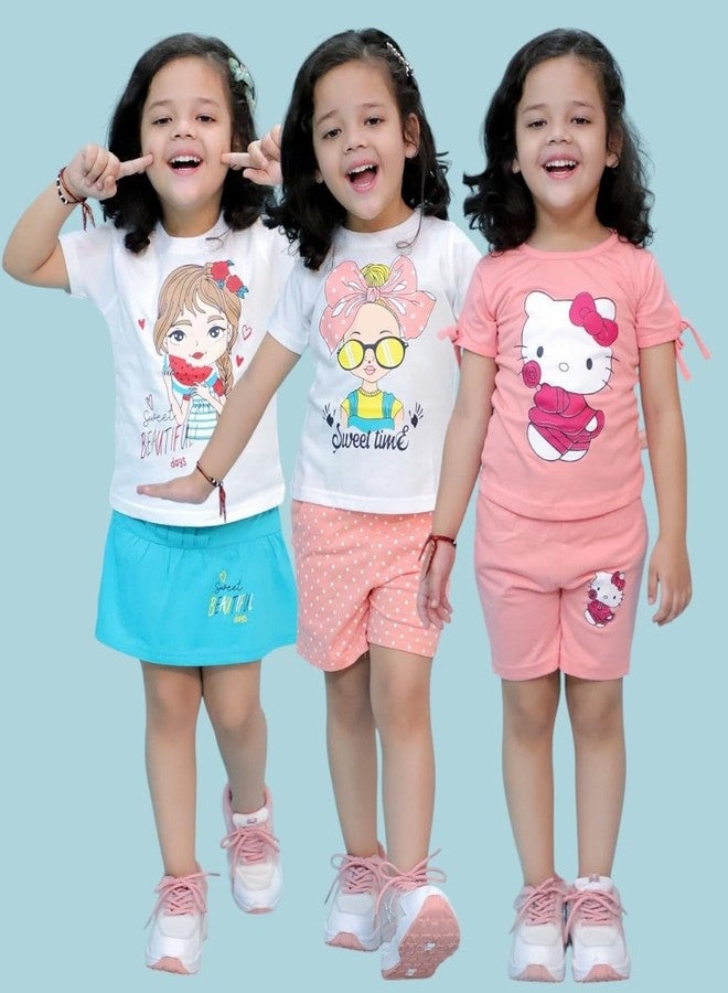 Chandrika Kids Cotton Coordinated Set Pack of 3 half Sleeve And sleeveless T-Shirts & Shorts and skirt Baby Girls Summer Dress Combo (4-5 Years-Multicolor) - Image 2
