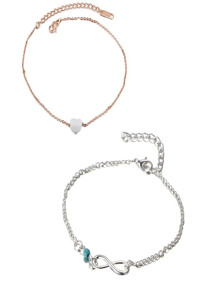 OOMPHelicious Jewellery Combo of 2 Gold & Silver Tone Heart & Turquoise Bead Fashion Anklet For Women & Girls - Image 1