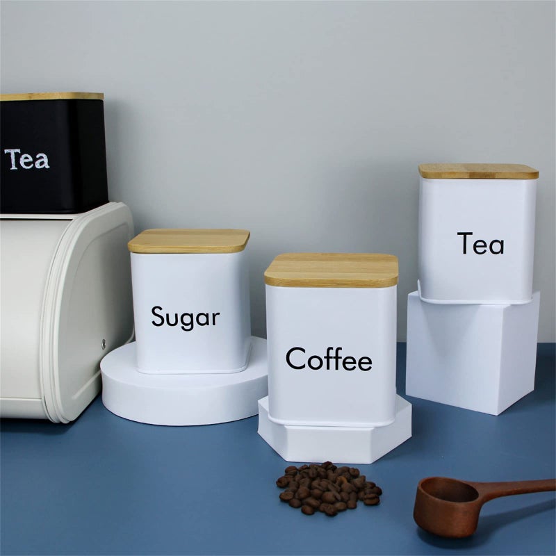 SOTECH 3pcs Coffee Sugar Tea Jar with Bamboo lid Metal Square Kitchen Storage Container Set White - Image 4