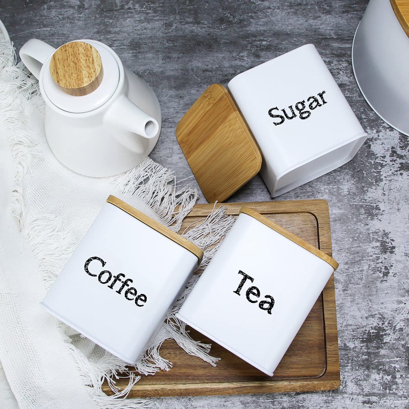 SOTECH 3pcs Coffee Sugar Tea Jar with Bamboo lid Metal Square Kitchen Storage Container Set White - Image 2