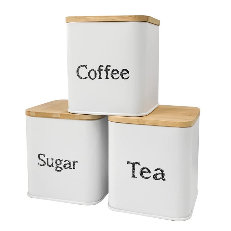 SOTECH 3pcs Coffee Sugar Tea Jar with Bamboo lid Metal Square Kitchen Storage Container Set White - Image 1