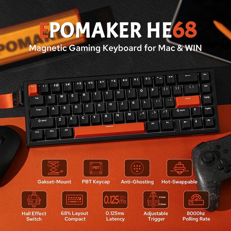 EPOMAKER HE68 Wired Magnetic Gaming Keyboard, 8K Polling Rate, 0.125ms Latency, RGB Backlight, Gasket-Mount, USB-A to C, Portable for Mac/PC/PS/Switch (Black) - Image 2