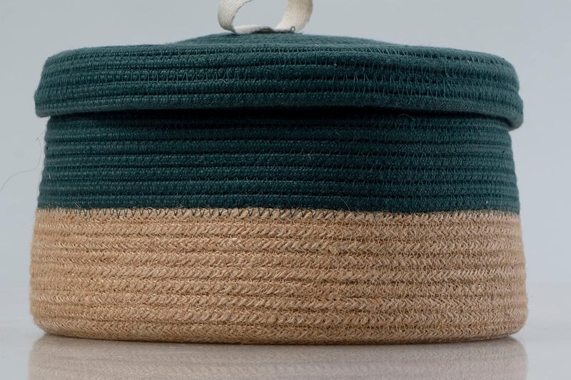 BOBBINY MultiPurpose Cute Jute Basket with Lid Storage Baskets for Bathroom Living Room Kitchen Organiser Box Vanity Box First Aid Box 8 X 3 Inch Pack of 1 Army Green - Image 4