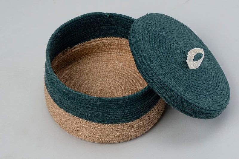 BOBBINY MultiPurpose Cute Jute Basket with Lid Storage Baskets for Bathroom Living Room Kitchen Organiser Box Vanity Box First Aid Box 8 X 3 Inch Pack of 1 Army Green - Image 2