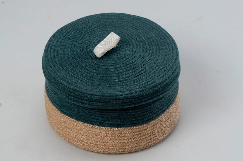 BOBBINY MultiPurpose Cute Jute Basket with Lid Storage Baskets for Bathroom Living Room Kitchen Organiser Box Vanity Box First Aid Box 8 X 3 Inch Pack of 1 Army Green - Image 3