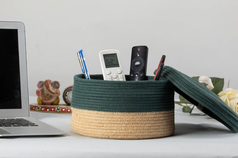 BOBBINY MultiPurpose Cute Jute Basket with Lid Storage Baskets for Bathroom Living Room Kitchen Organiser Box Vanity Box First Aid Box 8 X 3 Inch Pack of 1 Army Green - Image 1