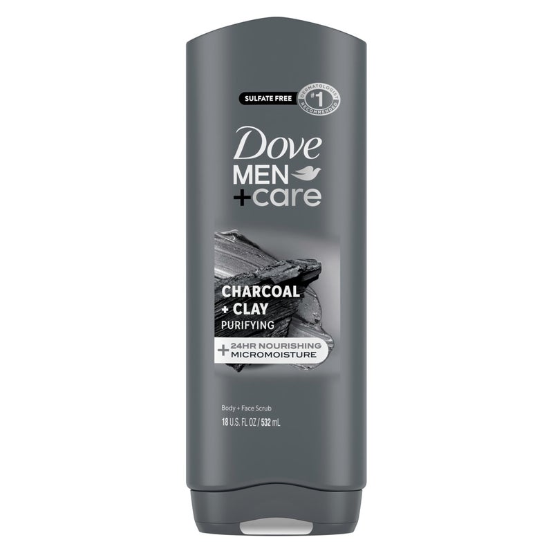 Dove Men+Care دوف للرجال + العناية غسول الجسم بالفحم + الطين، ينظف البكتيريا بفعالية بينما يغذي بشرتك، رمادي، 18 أونصة سائلة - Image 1