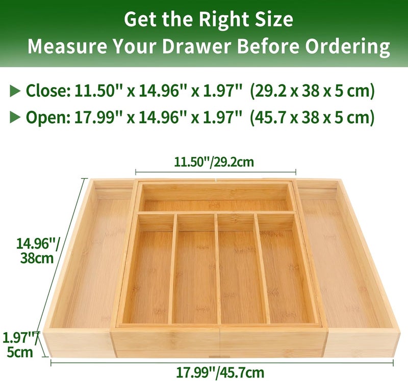 VaeFae Bamboo Silverware Organizer, Expandable Kitchen Drawer Organizer for Cutlery, Wooden Utensil Holder, Multi-Function Drawer Storage, 5-7 Compartments - Image 3