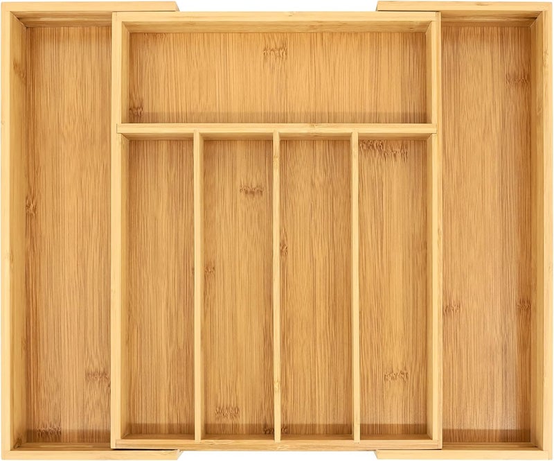 VaeFae Bamboo Silverware Organizer, Expandable Kitchen Drawer Organizer for Cutlery, Wooden Utensil Holder, Multi-Function Drawer Storage, 5-7 Compartments - Image 1