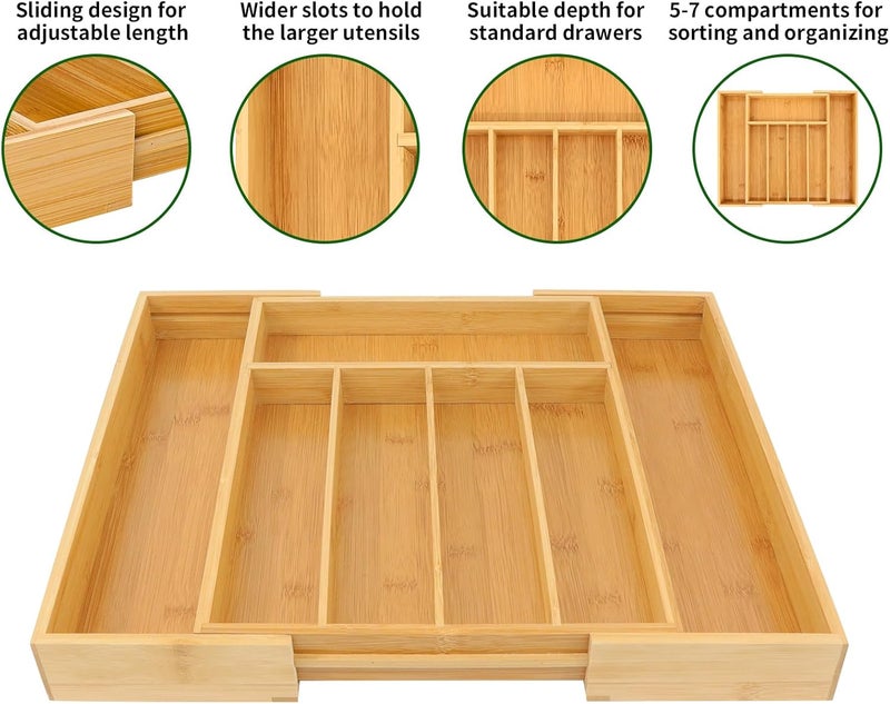 VaeFae Bamboo Silverware Organizer, Expandable Kitchen Drawer Organizer for Cutlery, Wooden Utensil Holder, Multi-Function Drawer Storage, 5-7 Compartments - Image 4