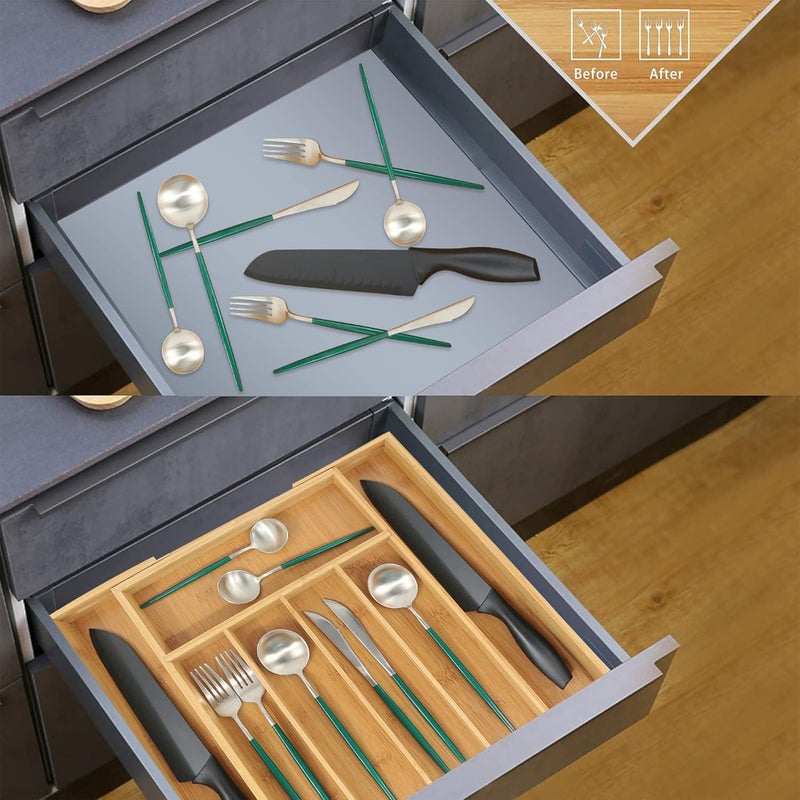 VaeFae Bamboo Silverware Organizer, Expandable Kitchen Drawer Organizer for Cutlery, Wooden Utensil Holder, Multi-Function Drawer Storage, 5-7 Compartments - Image 5