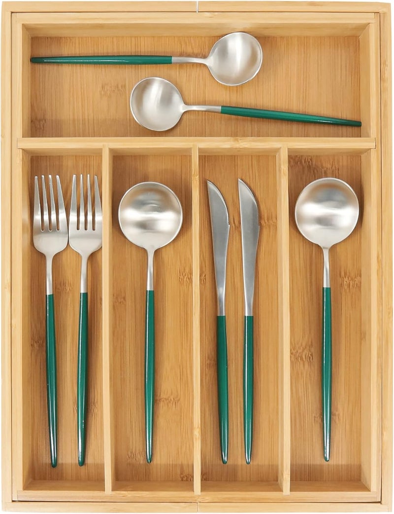 VaeFae Bamboo Silverware Organizer, Expandable Kitchen Drawer Organizer for Cutlery, Wooden Utensil Holder, Multi-Function Drawer Storage, 5-7 Compartments - Image 2
