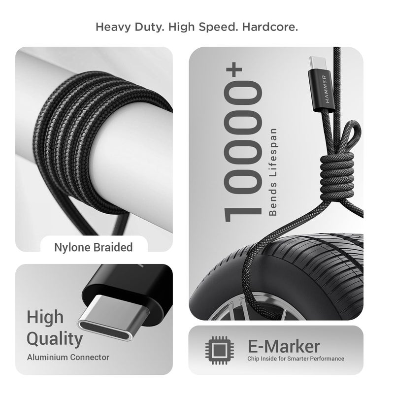 Hammer Type C to Type C Cable 60W Braided, PD Fast Charging, Data Sync, 1.2 Meter Tangle Free Wire, Compatible with all C-Type Enabled Devices (Black) - Image 2
