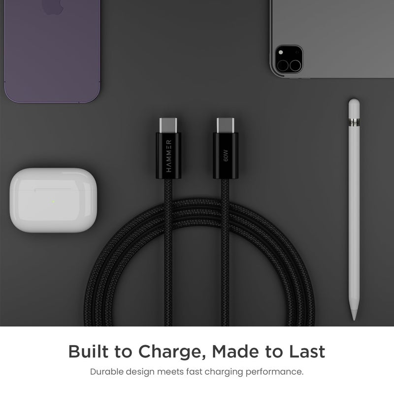 Hammer Type C to Type C Cable 60W Braided, PD Fast Charging, Data Sync, 1.2 Meter Tangle Free Wire, Compatible with all C-Type Enabled Devices (Black) - Image 5