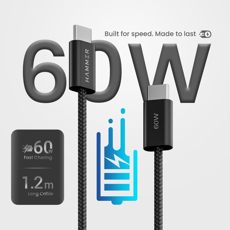 Hammer Type C to Type C Cable 60W Braided, PD Fast Charging, Data Sync, 1.2 Meter Tangle Free Wire, Compatible with all C-Type Enabled Devices (Black) - Image 4