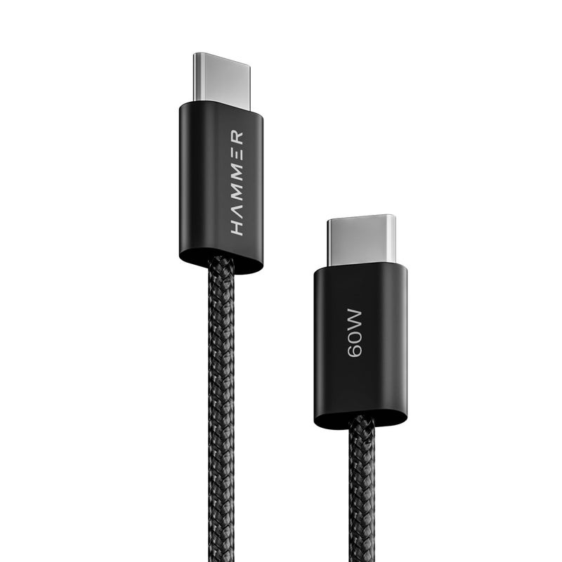 Hammer Type C to Type C Cable 60W Braided, PD Fast Charging, Data Sync, 1.2 Meter Tangle Free Wire, Compatible with all C-Type Enabled Devices (Black) - Image 1