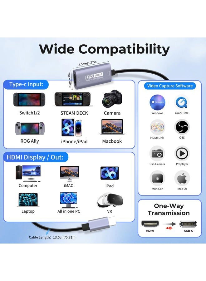 GUERMOK Video Capture Card, USB 3.0 HDMI to USB C Audio Capture Card, 4K 1080P60 Capture Devices for Gaming Live Streaming Video Recorder, Compatible with Windows Mac OS System for Switch, Xbox - Image 3