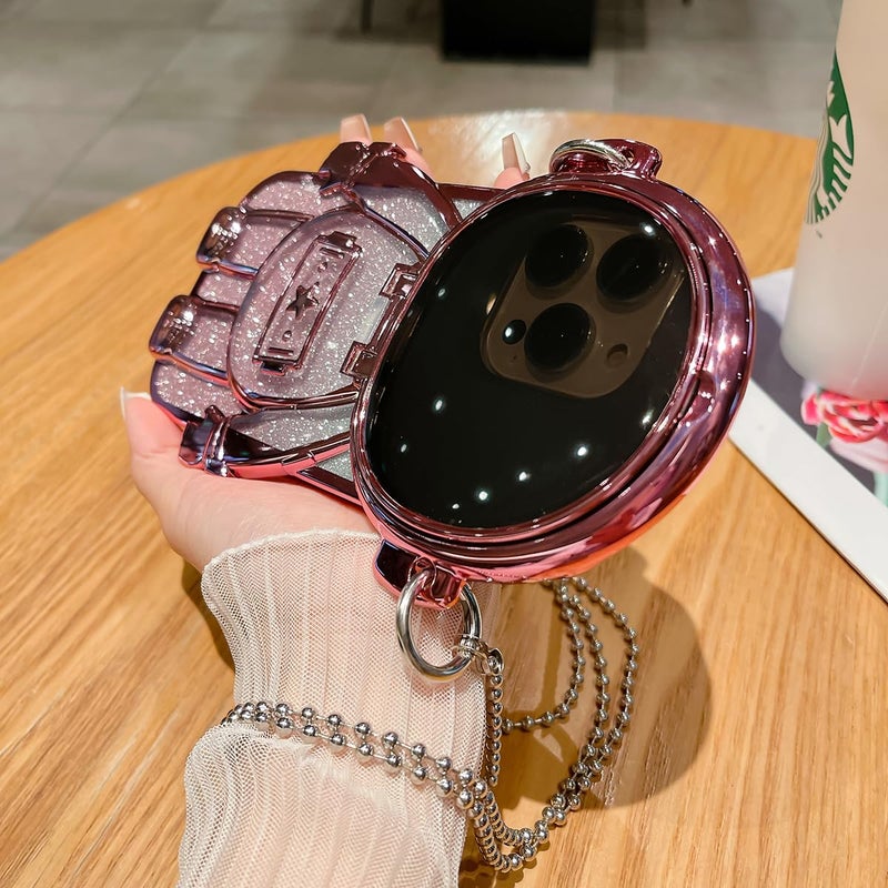 QoKcoahn Astronaut Case Compatible with iPhone 16 Pro Max,Cute 3D Astronaut Lens Camera Protection Hidden Stand Kickstand Luxury Glitter Bling Soft TPU Cover with Mirror Metal Chain Pink - Image 2